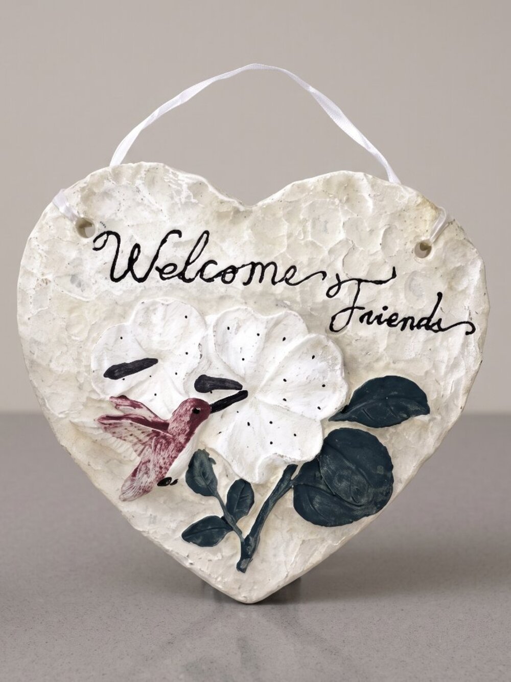 Vintage Handmade Welcome Friends Heart Wall Plaque Hummingbird Floral Decor